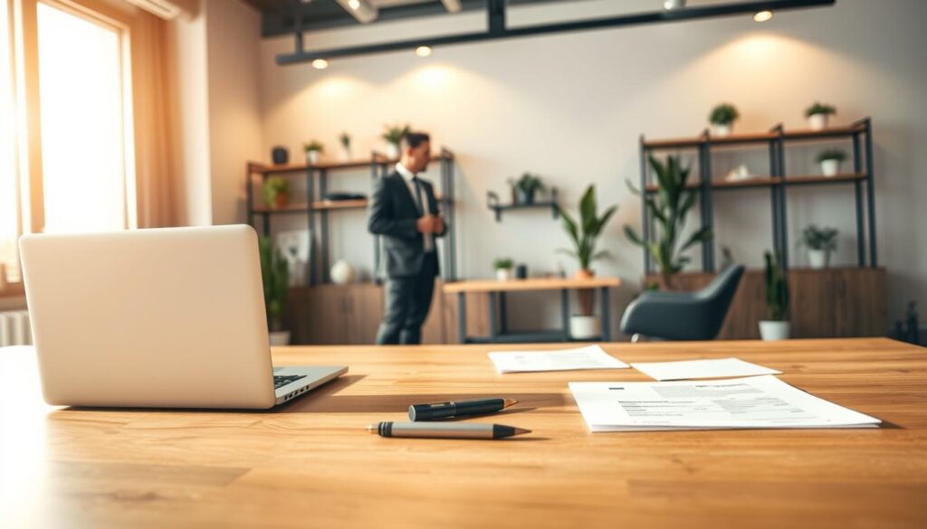 A serene, well-lit office interior showcasing the concept of "kredīta drošība". In the foreground, a modern wooden desk with a laptop, papers, and a pen resting on it, conveying a sense of financial security and control. The middle ground features a smartly-dressed person, possibly a financial advisor, engaged in a meeting with a client, discussing credit options and consumer protections. The background depicts a tasteful, minimalist decor with sleek shelves, potted plants, and neutral-toned walls, creating an atmosphere of professionalism and trust. Warm, directional lighting from large windows illuminates the scene, highlighting the attention to detail and care taken in providing secure credit solutions.