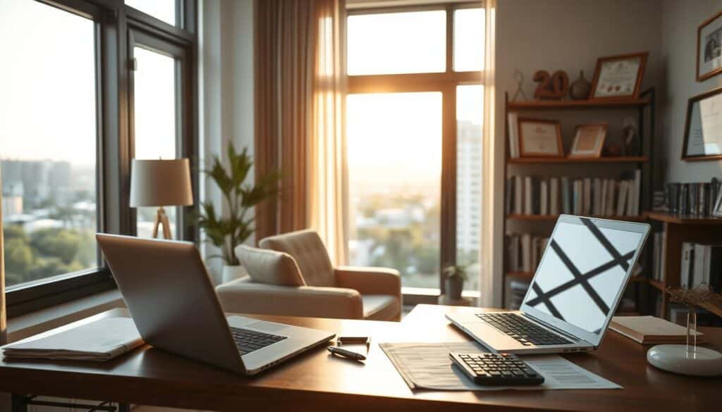 A serene, well-lit office setting with a large window overlooking a peaceful urban landscape. In the foreground, a desk with a laptop, some financial documents, and a calculator, symbolizing retirement planning. Subtle lighting casts a warm glow, creating a contemplative atmosphere. In the middle ground, a comfortable chair facing the desk, suggesting a person engaged in thoughtful financial considerations. The background features a bookshelf with various financial and retirement-related books, as well as framed certificates or awards, hinting at a lifetime of diligent preparation. The overall scene conveys a sense of order, security, and the culmination of a well-executed financial strategy.