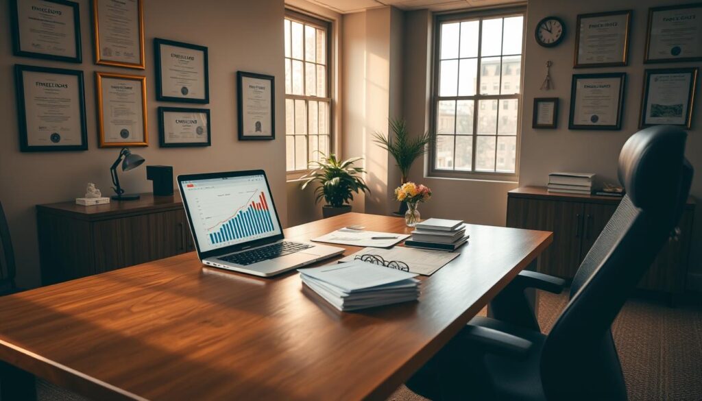 A serene, well-lit office space with a large, wooden desk and an ergonomic chair. On the desk, an open laptop displaying financial charts and graphs, alongside a stack of neatly organized documents. The walls are adorned with framed certificates and awards, conveying a sense of accomplishment and expertise. Warm, natural lighting filters in through large windows, casting a soft glow over the scene. A potted plant and a small, elegant vase with fresh flowers add a touch of life to the sophisticated, professional atmosphere. The overall impression is one of thoughtful planning, diligent effort, and successful financial management.