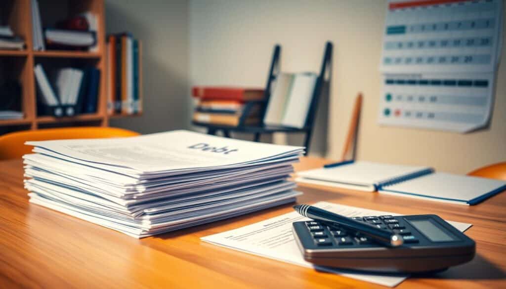 A serene, well-organized workspace with a neatly stacked pile of documents, a calculator, and a pen resting on a wooden desk. Warm, diffused lighting illuminates the scene, creating a sense of focus and productivity. In the background, a bookshelf filled with financial records and a calendar on the wall suggest a thoughtful, systematic approach to managing debt. The overall atmosphere conveys a sense of control, progress, and a commitment to financial responsibility. A serene, well-organized workspace with a neatly stacked pile of documents, a calculator, and a pen resting on a wooden desk. Warm, diffused lighting illuminates the scene, creating a sense of focus and productivity. In the background, a bookshelf filled with financial records and a calendar on the wall suggest a thoughtful, systematic approach to managing debt. The overall atmosphere conveys a sense of control, progress, and a commitment to financial responsibility.