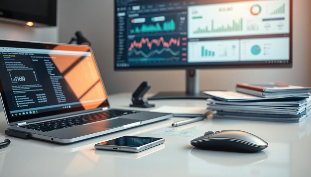 A serene workspace filled with an array of technological tools, meticulously arranged on a sleek, minimalist desk. In the foreground, a high-end laptop, its screen displaying financial data, is flanked by a state-of-the-art tablet and a modern, ergonomic mouse. In the middle ground, a sharp, silver-toned smartphone and a sophisticated-looking financial calculator lie adjacent to a stack of neatly organized documents. The background features a large, high-resolution monitor, its display showcasing a comprehensive wealth management dashboard, bathed in the warm glow of indirect lighting. The overall atmosphere conveys a sense of efficiency, productivity, and the seamless integration of technology in the pursuit of financial success.