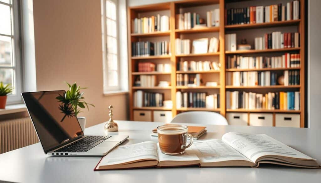 A serene workspace with a minimalist desk featuring a laptop, plant, and a small, elegant figurine. Warm, natural lighting filters through large windows, casting a cozy glow. In the background, bookshelves filled with financial literature and investment guides. On the desk, a cup of coffee and a journal open to pages of careful calculations and notes. The overall atmosphere is one of focused contemplation, inviting the viewer to embark on a journey of financial growth and personal investment.