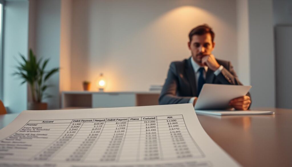 A serene yet determined office scene showcasing a calculated debt repayment plan. In the foreground, a carefully organized spreadsheet with line items and figures, illuminated by warm, focused lighting. The middle ground features a professional, composed individual sitting at a clean, minimalist desk, pensively reviewing the financial documents. The background subtly hints at a tranquil, uncluttered workspace, with muted tones and clean architectural lines setting a tone of intentionality and control. An overall sense of methodical progress and financial mastery pervades the image, inspiring confidence in the viewer's ability to tackle their own debt challenges.