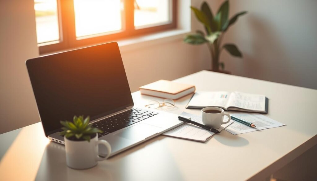A serene yet focused workspace, illuminated by warm natural light streaming through a large window. On a clean, minimalist desk, a laptop, a notebook, and a variety of financial documents are neatly arranged. A succulent plant and a cup of coffee add a touch of life and purpose to the scene. The background blurs into a soft, neutral palette, allowing the subject matter to take center stage. An air of thoughtfulness and intentionality permeates the composition, inviting the viewer to embark on a journey of investment exploration and discovery.