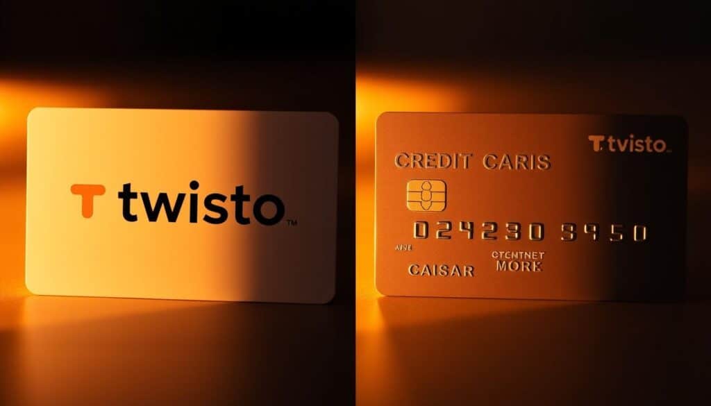 A side-by-side comparison of a sleek, modern Twisto card and a traditional credit card, illuminated by warm, diffused lighting that casts subtle shadows. The Twisto card features a clean, minimalist design with a bold, distinctive logo, while the credit card has a more typical layout with embossed numbers and a classic look. The background is slightly blurred, keeping the focus on the payment cards and highlighting their distinct features and branding. The overall composition conveys a sense of sophistication and the juxtaposition of the two cards emphasizes their differences in design and purpose.