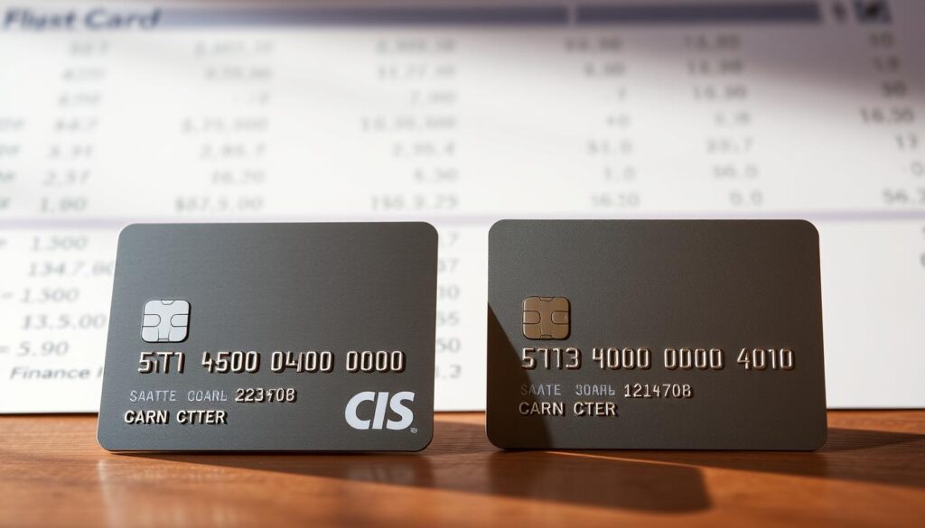 A side-by-side comparison of credit cards, featuring sleek stainless steel cards in the foreground, with a soft-focus background showcasing financial data and calculations. The cards are presented at an angle, casting subtle shadows, creating a sense of depth and dimension. The lighting is warm and slightly diffused, lending a premium, high-end aesthetic. The overall composition conveys the importance of carefully evaluating and comparing credit card options to find the best fit for one's financial needs.