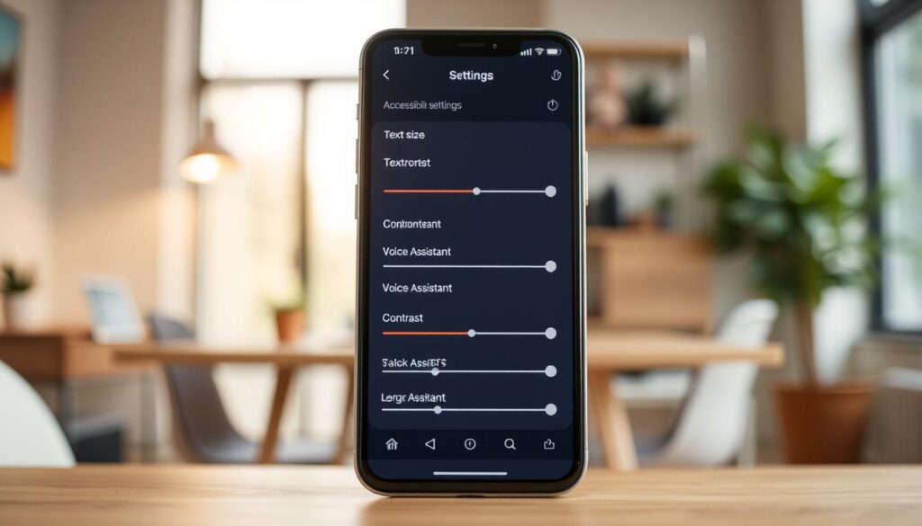 A sleek and accessible smartphone interface with intuitive accessibility settings. A clean, minimalist foreground showcases key accessibility controls like text size, contrast, and voice assistant. The middle ground features a series of well-designed icons and sliders, all set against a serene, blurred background of a modern office or home environment. Warm, natural lighting creates a pleasant, inviting atmosphere, while the camera angle provides a direct, eye-level view for easy comprehension. The overall composition emphasizes simplicity, functionality, and user-friendliness, perfectly capturing the essence of accessible smartphone settings.