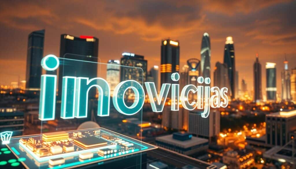 A sleek and innovative digital landscape, capturing the essence of technological advancements. In the foreground, a glowing holographic display showcases the word "inovācijas", its crisp typography and vibrant colors reflecting the cutting edge of Latvian industry. The middle ground features a gleaming array of futuristic devices and gadgets, hinting at the transformative power of innovation. In the background, a cityscape of towering skyscrapers and gleaming architecture, bathed in a warm, golden light that symbolizes the prosperous future driven by technological breakthroughs. The scene is captured with a cinematic wide-angle lens, creating a sense of scale and grandeur that amplifies the impactful role of innovation in Latvia's economic landscape. A sleek and innovative digital landscape, capturing the essence of technological advancements. In the foreground, a glowing holographic display showcases the word "inovācijas", its crisp typography and vibrant colors reflecting the cutting edge of Latvian industry. The middle ground features a gleaming array of futuristic devices and gadgets, hinting at the transformative power of innovation. In the background, a cityscape of towering skyscrapers and gleaming architecture, bathed in a warm, golden light that symbolizes the prosperous future driven by technological breakthroughs. The scene is captured with a cinematic wide-angle lens, creating a sense of scale and grandeur that amplifies the impactful role of innovation in Latvia's economic landscape.