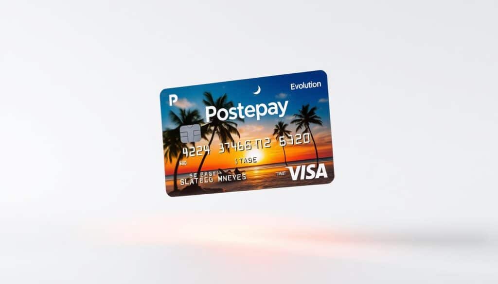 A sleek and modern Postepay Evolution credit card floating against a crisp white background, with a vibrant travel-themed design showcasing tropical beach landscapes, palm trees, and a sun-drenched sky. The card is backlit, casting a warm, inviting glow. The frame is positioned at a slight angle, creating a sense of dynamism and capturing the card's premium, high-tech feel. The overall composition is clean, minimalist, and focused on highlighting the card's key features and its potential for enabling seamless, enjoyable travel experiences.