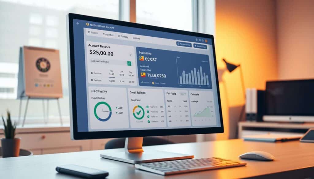 A sleek and modern banking interface, showcasing a well-organized credit account dashboard. The screen displays clear visualizations of account balance, recent transactions, payment due dates, and credit utilization metrics. Elegant typography and a clean, minimalist UI design convey a sense of financial control and responsible money management. The desktop setup is bathed in warm, directional lighting, creating a professional yet approachable atmosphere. The composition emphasizes the display, placing it in sharp focus against a blurred background of a tidy home office or workplace setting. A sleek and modern banking interface, showcasing a well-organized credit account dashboard. The screen displays clear visualizations of account balance, recent transactions, payment due dates, and credit utilization metrics. Elegant typography and a clean, minimalist UI design convey a sense of financial control and responsible money management. The desktop setup is bathed in warm, directional lighting, creating a professional yet approachable atmosphere. The composition emphasizes the display, placing it in sharp focus against a blurred background of a tidy home office or workplace setting.