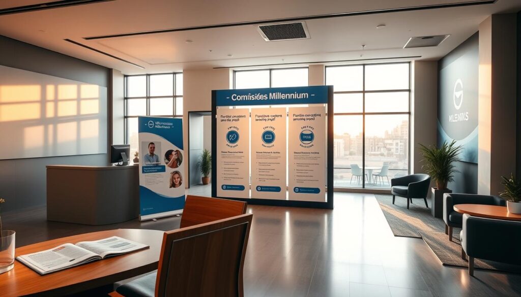 A sleek and modern banking office interior with a focus on the "Comissões Millennium" section. The space is bathed in warm, natural lighting from large windows, creating a welcoming atmosphere. In the foreground, a wooden desk and chair arrangement showcases financial documents and a laptop, hinting at the banking services offered. The middle ground features a series of informative displays highlighting the Millennium BCP's commission structure and cost-saving strategies. The background comprises contemporary furnishings, subtle branding elements, and a harmonious color palette of grays, blues, and whites, conveying a sense of professionalism and customer-oriented design. A sleek and modern banking office interior with a focus on the "Comissões Millennium" section. The space is bathed in warm, natural lighting from large windows, creating a welcoming atmosphere. In the foreground, a wooden desk and chair arrangement showcases financial documents and a laptop, hinting at the banking services offered. The middle ground features a series of informative displays highlighting the Millennium BCP's commission structure and cost-saving strategies. The background comprises contemporary furnishings, subtle branding elements, and a harmonious color palette of grays, blues, and whites, conveying a sense of professionalism and customer-oriented design.