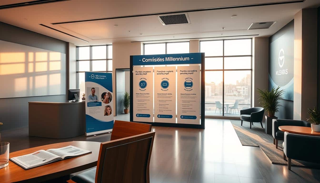 A sleek and modern banking office interior with a focus on the "Comissões Millennium" section. The space is bathed in warm, natural lighting from large windows, creating a welcoming atmosphere. In the foreground, a wooden desk and chair arrangement showcases financial documents and a laptop, hinting at the banking services offered. The middle ground features a series of informative displays highlighting the Millennium BCP's commission structure and cost-saving strategies. The background comprises contemporary furnishings, subtle branding elements, and a harmonious color palette of grays, blues, and whites, conveying a sense of professionalism and customer-oriented design.