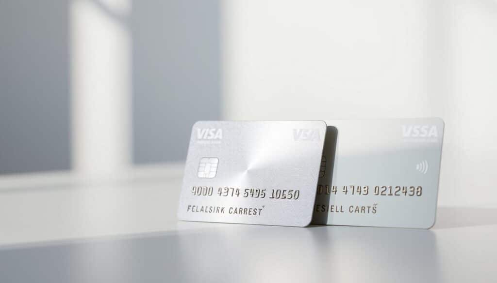 A sleek and modern comparison of premium credit cards in Portugal, captured in a clean and minimalist style. Set against a softly blurred background, three credit cards are displayed in the foreground, their metallic surfaces reflecting the light and conveying a sense of exclusivity and sophistication. The cards are arranged in a visually appealing layout, allowing the viewer to easily compare their features and designs. The overall composition is balanced, with careful attention to the angle, depth of field, and lighting to create a high-quality, professional-looking image that effectively illustrates the section on comparing premium credit cards.