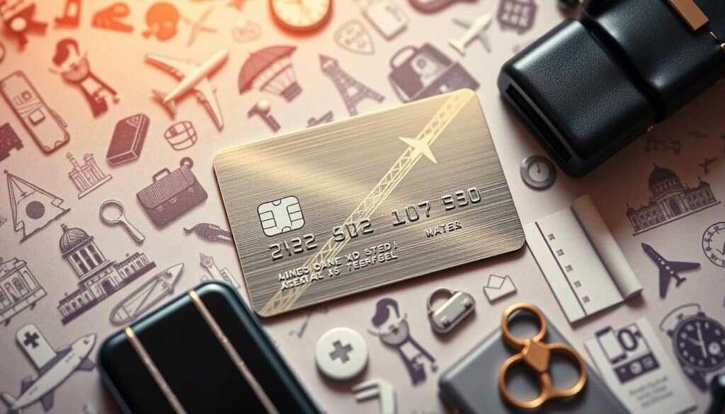 A sleek and modern credit card design, shimmering with a metallic finish, lies at the center of the frame. Surrounding it, a collage of travel-related icons and symbols, such as airplanes, suitcases, and hotel keys, creates a dynamic and visually engaging composition. The image is bathed in a warm, inviting light, evoking a sense of luxury and premium experiences. The overall tone is one of sophistication and exclusivity, perfectly capturing the essence of the "Bonusohjelmat ja kumppaniedut" section of the article.