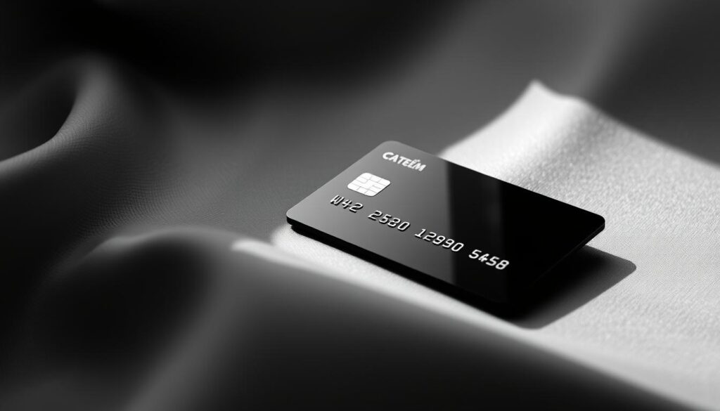 A sleek and modern credit card, its glossy black surface reflecting the light. The card is positioned prominently in the center, with a soft, elegant background of muted grays and silvers. The lighting is subtle, creating a sense of sophistication and exclusivity. The angle is slightly tilted, giving the image a dynamic and visually appealing composition. The overall mood is one of luxury, refinement, and financial prowess, perfectly capturing the essence of the "Cartão Black Plus Cetelem" and its eligibility requirements.