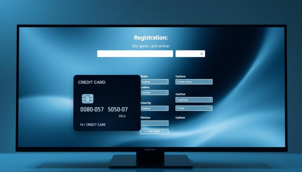 A sleek and modern credit card registration interface displayed on a high-resolution digital screen. The foreground shows the card design with clean lines, metallic accents, and a minimalist aesthetic. The middle ground features various input fields and interactive elements for the user to fill out their information. The background has a subtle, blurred gradient that creates depth and a sense of digital elegance. The lighting is soft and diffused, creating a polished, professional atmosphere. The overall composition and color palette convey a seamless, user-friendly experience for registering a new credit card online.
