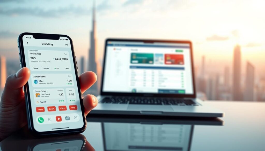 A sleek and modern digital banking interface, featuring clean lines, minimalist design, and intuitive controls. In the foreground, a smartphone or tablet displays various financial management tools, such as account balances, transaction histories, and payment options. The middle ground showcases a laptop or desktop computer, with a web-based banking platform open, highlighting the seamless integration of digital banking across devices. The background depicts a serene, futuristic cityscape, with skyscrapers and other architectural elements, conveying a sense of technological progress and financial sophistication. The overall scene is bathed in a soft, warm lighting, creating a calming and inviting atmosphere, reflecting the ease and convenience of modern digital banking.