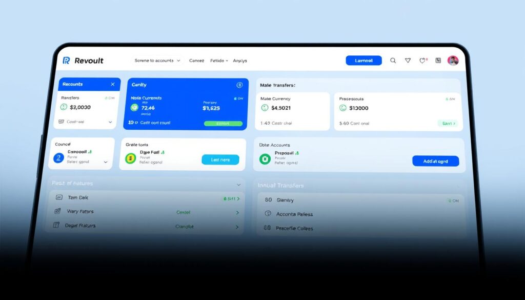 A sleek and modern digital banking interface with multiple currency accounts prominently displayed, showcasing Revolut's advanced multi-currency capabilities. The layout is clean and intuitive, with easy-to-navigate sections for managing accounts, making transfers, and accessing additional features. The color scheme is a mix of cool blues and grays, conveying a sense of professionalism and reliability. The interface is presented from a slightly elevated angle, giving it an authoritative and trustworthy presence. The overall mood is one of sophistication, efficiency, and a seamless digital banking experience.