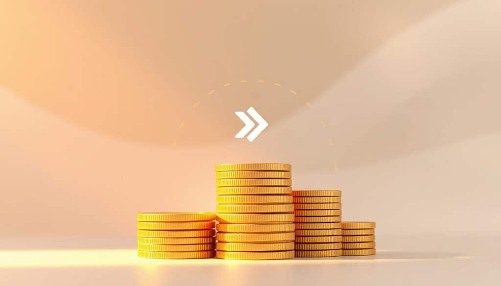 A sleek and modern illustration of a rewards program, featuring a clean and elegant design. In the foreground, a stack of stacked gold coins, casting warm, directional lighting across the scene. In the middle ground, a dynamic and minimalist graphic element, perhaps a stylized icon or abstract shape, representing the rewards system. The background is a soft, gradient blur, with subtle textures and neutral tones to create depth and focus attention on the central elements. The overall mood is one of sophistication, financial success, and the tangible benefits of participating in a well-designed rewards program.