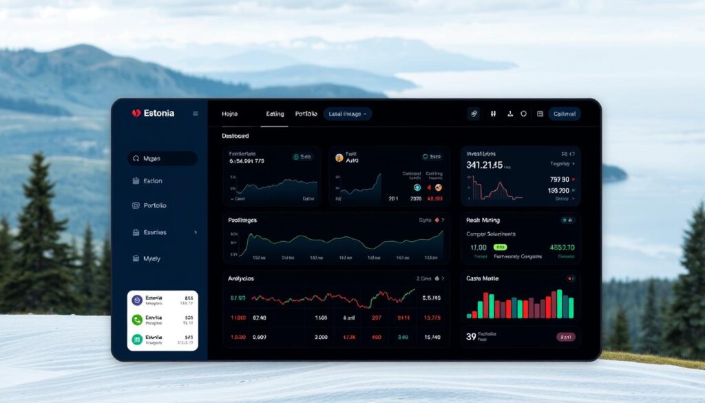 A sleek and modern investment platform interface, with clean lines, minimalist design and intuitive navigation. In the foreground, a selection of investment options and portfolio management tools are prominently displayed, inviting the user to explore. The middle ground showcases a dashboard with real-time market data, charts and analytics, allowing the investor to make informed decisions. In the background, a subtle Estonian landscape - rolling hills, pine forests and a glimpse of the Baltic Sea - reflecting the platform's local focus and connection to the country. The overall mood is one of professionalism, trust and empowerment, encouraging Estonian investors to take control of their financial future.