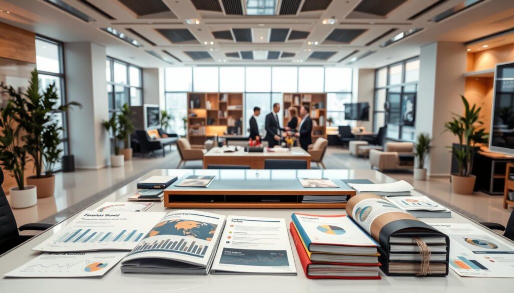 A sleek and modern office interior, with a large central desk showcasing various banking and financial products. In the foreground, crisp brochures, graphs, and documents illustrate the key features and benefits of the ČSOB Credit Business Standard. The middle ground features a team of well-dressed professionals engaged in discussion, highlighting the international business capabilities. The background is filled with a stylish mix of office furniture, plants, and warm lighting, creating a professional and inviting atmosphere. The overall composition conveys a sense of expertise, efficiency, and global reach, reflecting the subject matter and section title. A sleek and modern office interior, with a large central desk showcasing various banking and financial products. In the foreground, crisp brochures, graphs, and documents illustrate the key features and benefits of the ČSOB Credit Business Standard. The middle ground features a team of well-dressed professionals engaged in discussion, highlighting the international business capabilities. The background is filled with a stylish mix of office furniture, plants, and warm lighting, creating a professional and inviting atmosphere. The overall composition conveys a sense of expertise, efficiency, and global reach, reflecting the subject matter and section title.