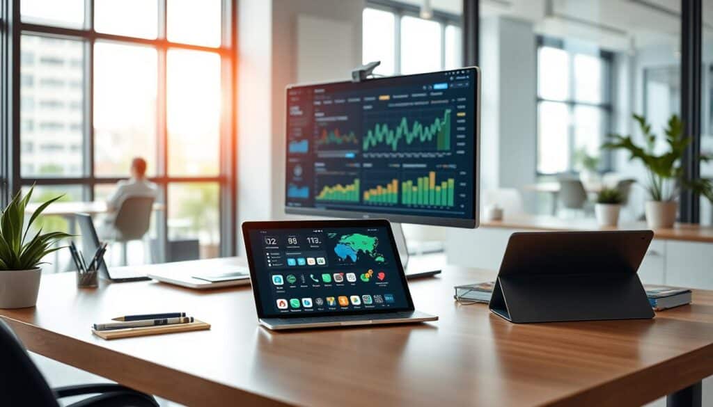 A sleek and modern office workspace with a laptop, tablet, and various financial apps and software icons displayed on the screen. The foreground features a well-organized desk with a minimalist design, including a stylish stationery set and a potted plant. The middle ground showcases a large monitor displaying detailed financial charts and graphs, while the background depicts a contemporary office interior with large windows, allowing natural light to flood the scene. The overall atmosphere is one of efficiency, productivity, and a seamless integration of technology in personal finance management.