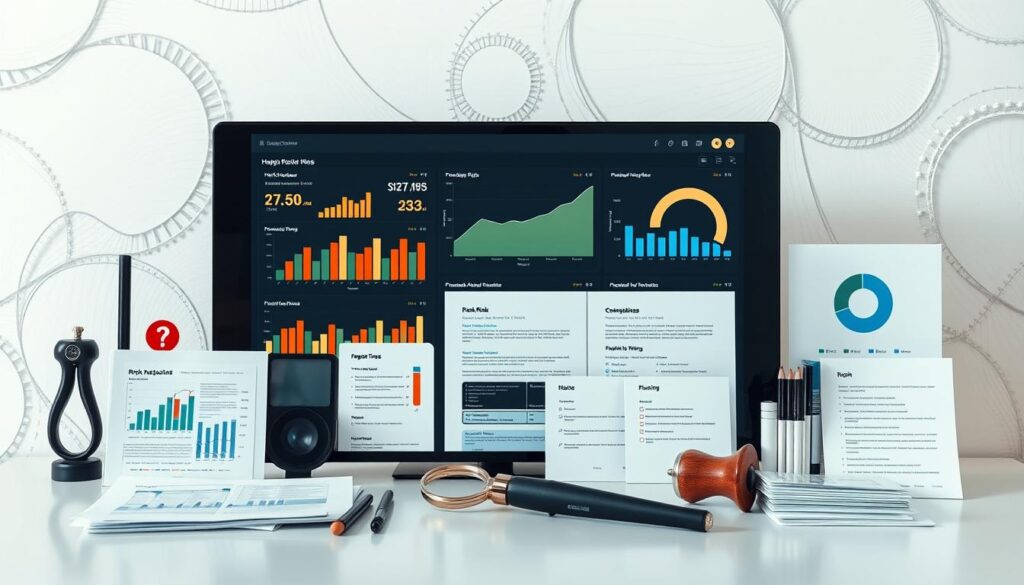 A sleek and modern risk management toolkit, featuring a range of digital and physical tools arranged in a clean, minimalist layout. The foreground showcases a holistic dashboard displaying key risk indicators, financial data, and analytical visualizations. In the middle ground, various risk assessment templates, checklists, and planning documents are neatly organized. The background incorporates subtle textures and patterns that evoke a sense of precision and control, complementing the overall professional and pragmatic atmosphere. Warm, balanced lighting accentuates the high-quality materials and sophisticated design of the instruments, conveying a strong sense of authority and reliability.