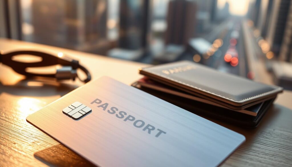 A sleek and modern travel credit card, its metallic surface gleaming under warm, diffused lighting. In the foreground, the card casts a soft, reflective glow, showcasing its key features - the chip, the logo, and the elegant embossed design. The middle ground reveals a minimalist, high-end wallet made of premium leather, nestled among travel essentials like a passport and boarding passes. In the background, a blurred cityscape of skyscrapers and bustling streets, hinting at the global reach and utility of this versatile financial tool. The overall mood is one of sophistication, convenience, and the excitement of international exploration.