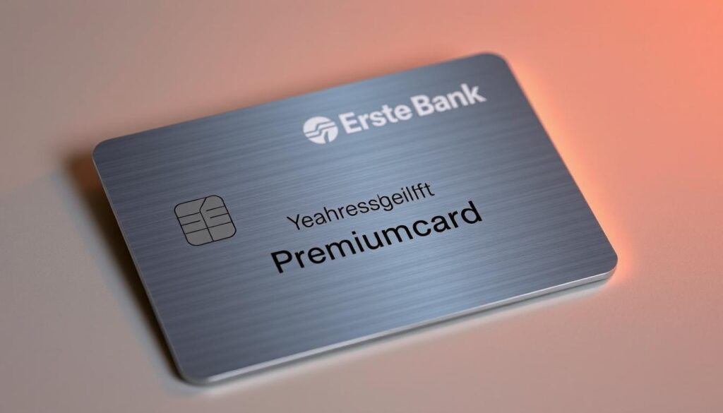 A sleek and sophisticated metal credit card, its surface reflecting the warm glow of strategic lighting. The card's edges are sharp, the corners precisely beveled. The Erste Bank logo is prominently displayed, its design elegant and understated. In the center, the "Jahresgebühr Premiumcard" text is elegantly engraved, the letters crisp and legible. The card is set against a muted, neutral background, allowing the premium materials and design to take center stage. The overall impression is one of quality, exclusivity, and attention to detail - befitting the premium tier of the Miles & More loyalty program. A sleek and sophisticated metal credit card, its surface reflecting the warm glow of strategic lighting. The card's edges are sharp, the corners precisely beveled. The Erste Bank logo is prominently displayed, its design elegant and understated. In the center, the "Jahresgebühr Premiumcard" text is elegantly engraved, the letters crisp and legible. The card is set against a muted, neutral background, allowing the premium materials and design to take center stage. The overall impression is one of quality, exclusivity, and attention to detail - befitting the premium tier of the Miles & More loyalty program.