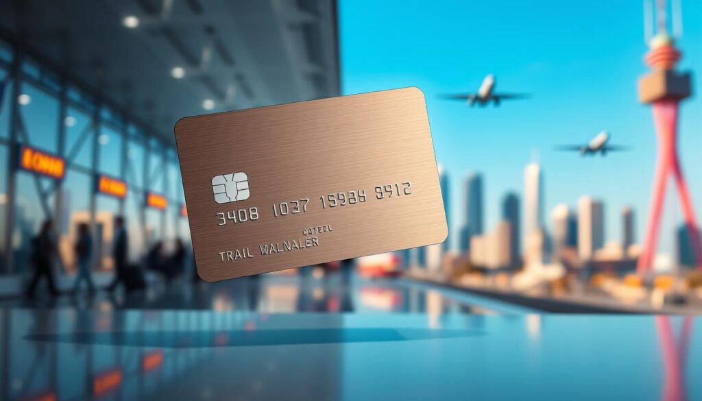 A sleek, metal-accented travel debit card hovers against a backdrop of international landmarks. The card's surface reflects the vibrant hues of a bustling airport terminal, with crisp lighting that highlights its modern, minimalist design. In the foreground, the card casts a subtle shadow, conveying a sense of depth and weight. The mid-ground features a blurred cityscape, with towering skyscrapers and the silhouettes of passenger jets taking flight. The background is dominated by a serene, blue-tinted sky, suggesting the card's utility for seamless global transactions. The overall composition evokes a sophisticated, jet-setting aesthetic, perfectly suited to illustrate the "Bankkort för Resenärer" section of the article.