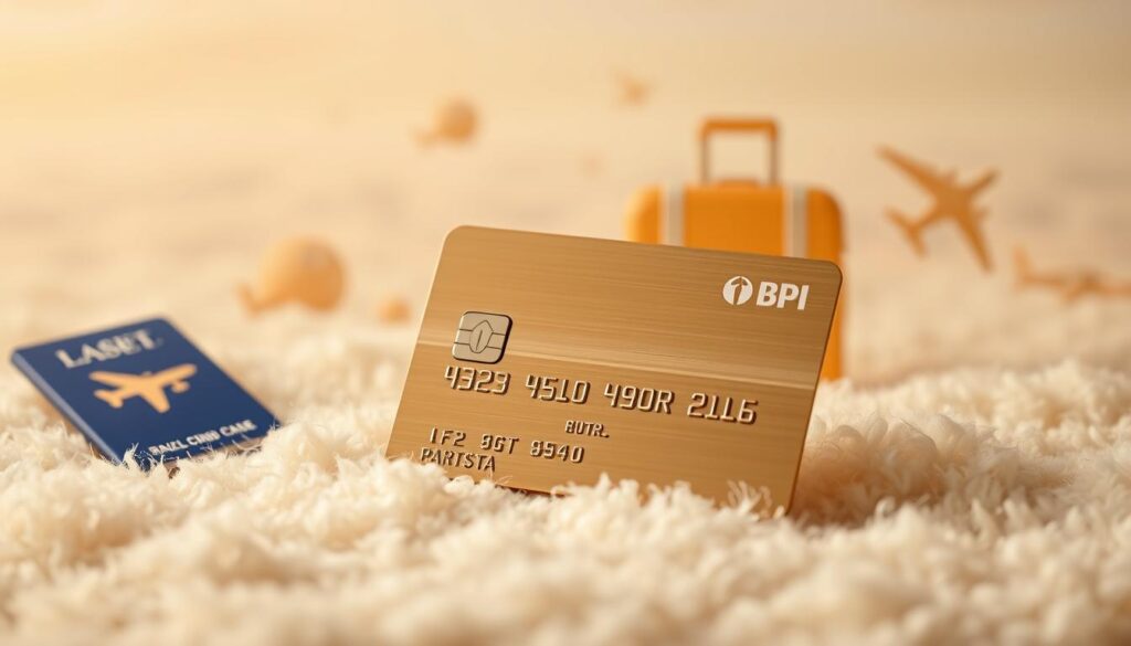 A sleek metal credit card resting on a plush, luxurious travel-themed background. The card's surface reflects the light, highlighting its elegant gold accents and BPI logo. In the middle ground, various travel icons such as a passport, airplane, and suitcase are arranged in a visually striking composition. The background features a soft, blurred pattern of clouds and a subtle gradient, evoking a sense of serene sophistication. The lighting is warm and inviting, creating a premium, high-end atmosphere that showcases the exclusive benefits of the BPI Gold travel insurance policy. A sleek metal credit card resting on a plush, luxurious travel-themed background. The card's surface reflects the light, highlighting its elegant gold accents and BPI logo. In the middle ground, various travel icons such as a passport, airplane, and suitcase are arranged in a visually striking composition. The background features a soft, blurred pattern of clouds and a subtle gradient, evoking a sense of serene sophistication. The lighting is warm and inviting, creating a premium, high-end atmosphere that showcases the exclusive benefits of the BPI Gold travel insurance policy.