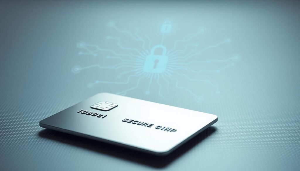 A sleek, metal credit card with a secure chip glimmers in the foreground, casting a subtle reflection on the glossy surface. The card is surrounded by a halo of soft, diffused light, creating an aura of protection and safety. In the middle ground, a network of intricate circuits and digital pathways weave together, representing the advanced security measures that safeguard the cardholder's financial information. The background is composed of a subtle, textured pattern that suggests the complex infrastructure underlying the card's security features. The overall scene conveys a sense of reliability, trustworthiness, and the reassurance that one's financial transactions are secure and protected.