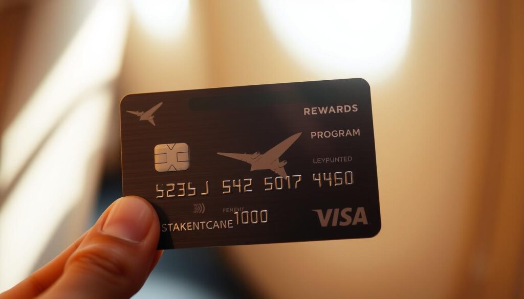 A sleek metal credit card with an elegant design, the front featuring a prominent airline logo and the back showcasing the card's rewards program details. The card is held in a well-lit setting, casting subtle shadows and highlights that accentuate its premium finish. The background is blurred, allowing the card to be the central focus, conveying a sense of exclusivity and luxury associated with airline loyalty programs. The lighting is warm and inviting, creating a sophisticated ambiance that reflects the high-end travel experiences the card is designed to provide.