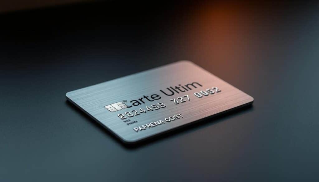 A sleek, metal credit card with the "Carte Ultim" logo prominently displayed, glistening under soft, warm lighting. The card is resting on a minimalist, matte black surface, creating a sense of sophistication and elegance. The background is slightly blurred, allowing the card to be the focal point, drawing the viewer's attention to its key features and details. The overall composition conveys a sense of luxury, convenience, and financial security, reflecting the premium nature of the Carte Ultim offering.