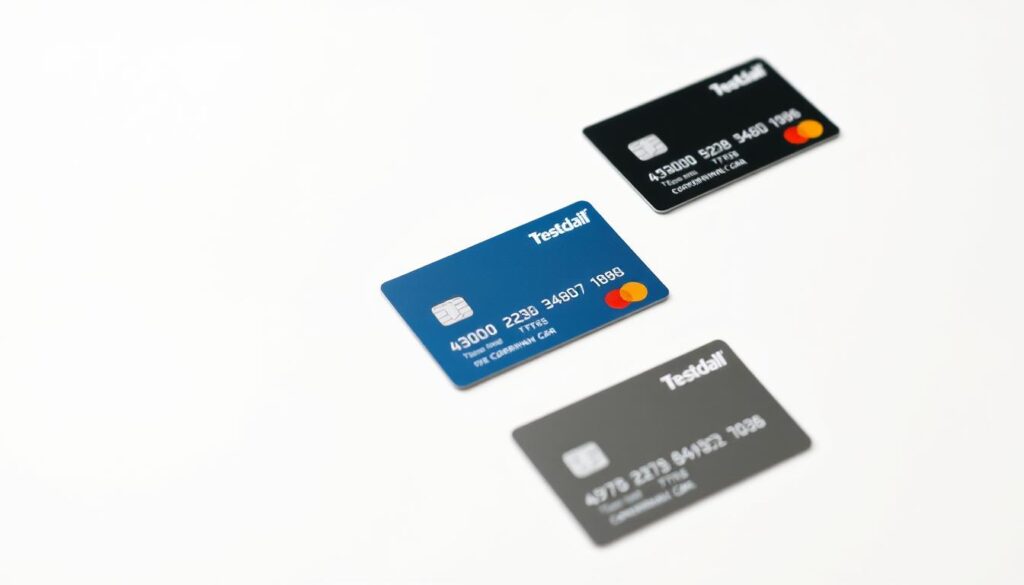 A sleek, minimalist comparison of credit card offers on a clean, white background. The cards are arranged neatly, displaying their key features in a side-by-side format. The lighting is soft and diffused, creating a sense of clarity and focus. The angle showcases the cards at a slight diagonal, emphasizing their slim, modern design. The overall mood is professional and informative, guiding the viewer through the process of evaluating and selecting the best free credit card option.