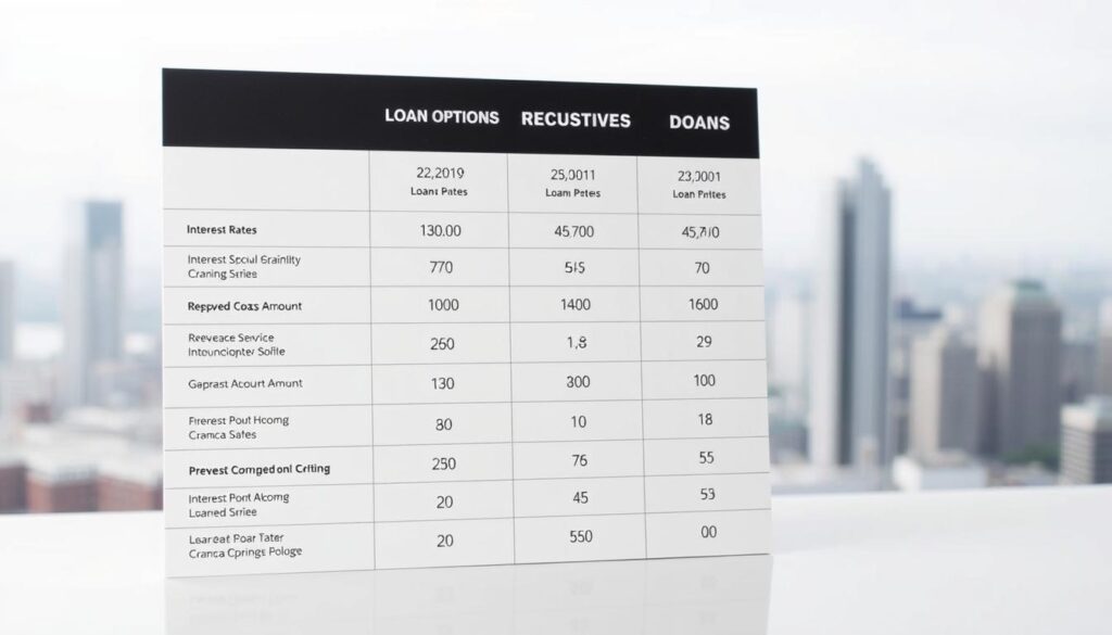 A sleek, minimalist comparison table showcasing various loan options, with clean lines, neutral tones, and a modern, professional aesthetic. The table prominently displays key details like interest rates, loan amounts, and repayment terms, allowing the viewer to easily assess and compare the most favorable financial offerings. The background features a subtle, blurred cityscape, suggesting the practical, real-world applications of these lending solutions. Soft, directional lighting creates depth and highlights the clarity of the information displayed, while a shallow depth of field keeps the focus on the comparison tool itself.