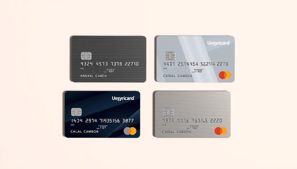 A sleek, minimalist composition of four credit cards arranged in a grid, showcasing their distinctive designs and features. The cards are rendered with meticulous attention to detail, capturing the textures of the plastic, the metallic accents, and the subtle hues that distinguish them. The lighting is soft and directional, creating subtle shadows that enhance the three-dimensional appearance of the cards. The background is a clean, neutral tone, allowing the cards to take center stage and inviting the viewer to closely examine and compare the visual elements of each card. The overall mood is one of sophistication and careful comparison, reflecting the section's focus on evaluating the merits of different credit card options.