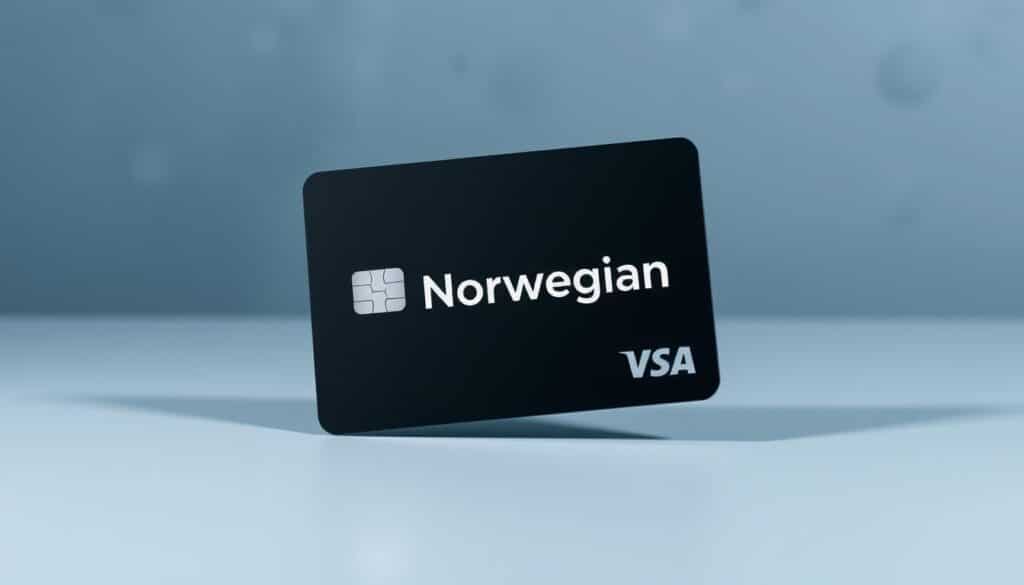 A sleek, minimalist credit card with the Norwegian logo prominently displayed on a matte black surface. The card is positioned at a slight angle, casting a subtle shadow that adds depth and dimension. The background is a soft, slightly blurred gradient of blues and grays, evoking a sense of Nordic elegance and sophistication. The lighting is gentle, with a soft, diffused glow that highlights the card's clean lines and glossy finish. The overall composition conveys a sense of premium quality and modern Scandinavian design.