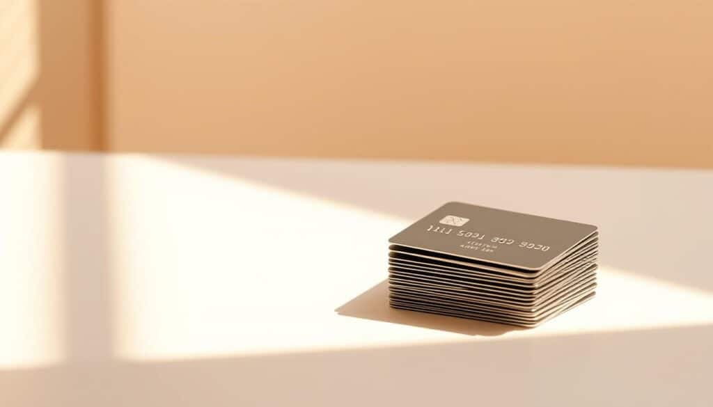 A sleek, minimalist illustration depicting the concept of "krediidiskoor" (credit score). In the foreground, a stack of credit cards casts a soft, angled shadow on a clean, off-white background. The cards are rendered in muted tones, emphasizing the simplicity and practicality of this financial tool. In the middle ground, a subtle grid or graph pattern emerges, hinting at the data-driven nature of credit scoring. The background is a soft, blurred gradient, creating a sense of depth and focus on the central elements. Warm, natural lighting from the left side casts gentle shadows, giving the image a sense of depth and dimension. The overall mood is one of professionalism, reliability, and financial security.
