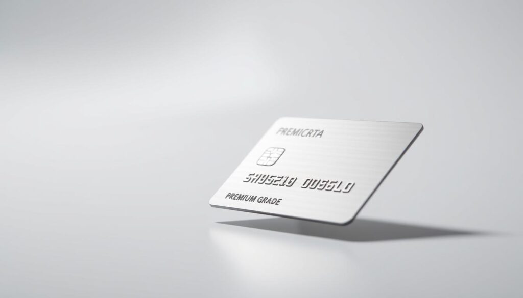 A sleek, minimalist image of a premium credit card. In the foreground, a premium-grade metal card with a shiny, reflective surface that catches the light. The card is angled slightly, revealing the embossed logo and metallic accents that convey a sense of exclusivity and quality. The middle ground features a clean, white background, subtly highlighting the card's design. In the background, a soft, blurred pattern or texture adds depth and a luxurious feel, complementing the card's premium aesthetic. The lighting is soft and directional, creating subtle shadows and highlights that accentuate the card's contours and materials. The overall mood is one of sophistication, elegance, and attention to detail. A sleek, minimalist image of a premium credit card. In the foreground, a premium-grade metal card with a shiny, reflective surface that catches the light. The card is angled slightly, revealing the embossed logo and metallic accents that convey a sense of exclusivity and quality. The middle ground features a clean, white background, subtly highlighting the card's design. In the background, a soft, blurred pattern or texture adds depth and a luxurious feel, complementing the card's premium aesthetic. The lighting is soft and directional, creating subtle shadows and highlights that accentuate the card's contours and materials. The overall mood is one of sophistication, elegance, and attention to detail.
