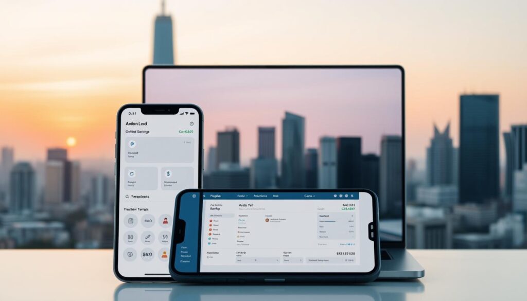 A sleek, minimalist online banking interface set against a backdrop of a serene cityscape. In the foreground, a smartphone displays a clean dashboard with intuitive icons for core banking functions like account balances, transactions, and money transfers. The middle ground features a laptop screen showcasing a seamless digital banking experience, with smooth animations and responsive user controls. The background depicts a modern, high-rise skyline bathed in warm, golden-hour lighting, symbolizing the financial empowerment and freedom enabled by accessible online banking. The overall composition conveys a sense of technological sophistication, personal control, and financial wellness. A sleek, minimalist online banking interface set against a backdrop of a serene cityscape. In the foreground, a smartphone displays a clean dashboard with intuitive icons for core banking functions like account balances, transactions, and money transfers. The middle ground features a laptop screen showcasing a seamless digital banking experience, with smooth animations and responsive user controls. The background depicts a modern, high-rise skyline bathed in warm, golden-hour lighting, symbolizing the financial empowerment and freedom enabled by accessible online banking. The overall composition conveys a sense of technological sophistication, personal control, and financial wellness.