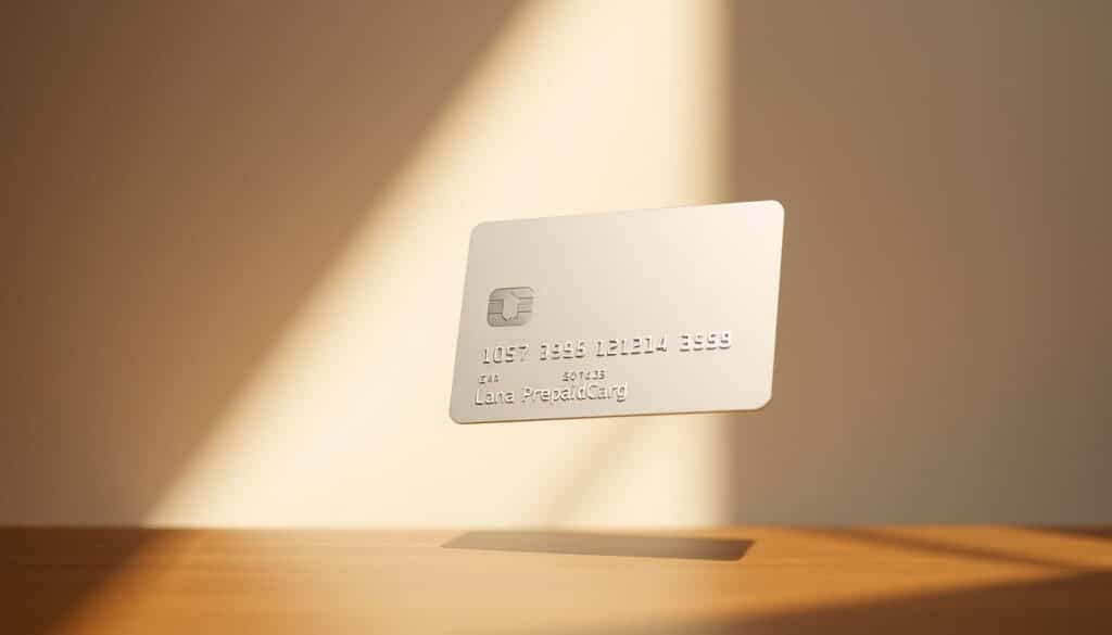 A sleek, minimalist prepaid card floating against a soft, blurred background of muted colors. The card's surface reflects a warm, natural lighting, casting gentle shadows that accentuate its slim, rectangular form. In the foreground, the card's branding and details are visible, conveying a sense of efficiency and financial control. The overall composition suggests a practical, budget-conscious approach to personal finance, perfectly suited to illustrate the "Gestire il budget con la PrepaidCard" section of the article.