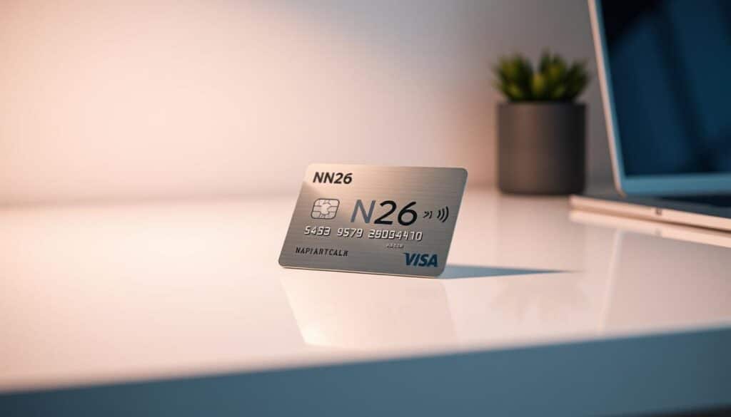 A sleek, modern N26 card resting on a smooth, glossy surface, its metallic facade reflecting the soft, diffuse lighting. The background is a clean, minimalist workspace, with a sense of order and security. The card is the focal point, its edges sharply defined, conveying a sense of precision and reliability. The overall atmosphere is one of sophistication, digital security, and a seamless user experience - qualities that embody the N26 brand promise of "Sicurezza e protezione antifrode". The scene is captured with a shallow depth of field, emphasizing the card's materiality and the attention to detail. A sleek, modern N26 card resting on a smooth, glossy surface, its metallic facade reflecting the soft, diffuse lighting. The background is a clean, minimalist workspace, with a sense of order and security. The card is the focal point, its edges sharply defined, conveying a sense of precision and reliability. The overall atmosphere is one of sophistication, digital security, and a seamless user experience - qualities that embody the N26 brand promise of "Sicurezza e protezione antifrode". The scene is captured with a shallow depth of field, emphasizing the card's materiality and the attention to detail.
