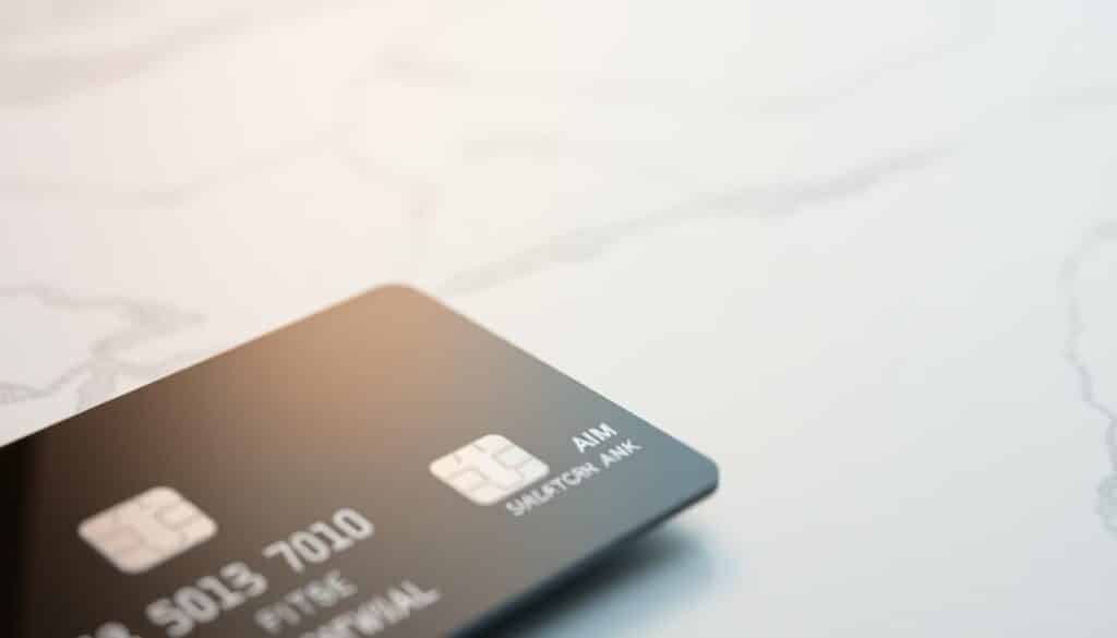 A sleek, modern banking card set against a minimalist background. The card is shown in close-up, with a glossy surface that reflects the overhead lighting. The foreground features the card's design elements - the logo, name, and chip - all rendered in a clean, sophisticated style. The middle ground blurs into a subtly textured surface, perhaps a wood grain or marble-like pattern, adding a sense of luxury and refinement. The background is a soft, neutral tone that allows the card to be the focal point, showcasing its elegant and desirable features.