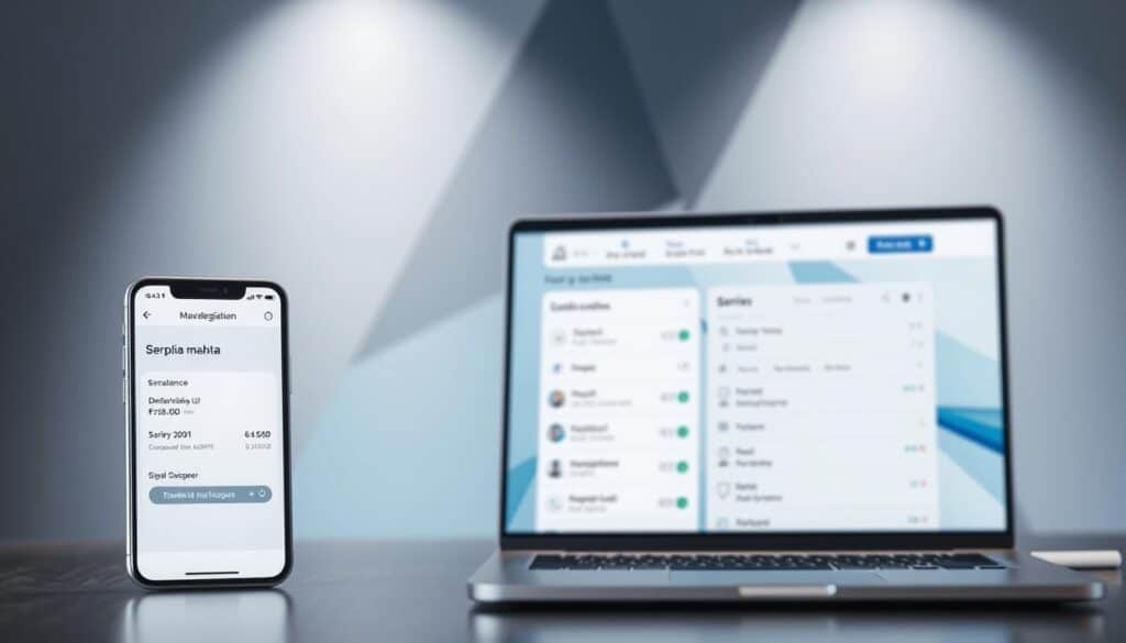 A sleek, modern banking interface with a minimalist Serbian-language design. In the foreground, a smartphone displays a clean, intuitive mobile app featuring clean typography, balance information, and options for common banking tasks. The middle ground shows a laptop screen with an elegant online banking portal, showcasing seamless transaction history and account management tools. In the background, a abstract geometric pattern in shades of blue and gray creates a professional, tech-savvy atmosphere. Soft, diffused lighting illuminates the scene, conveying a sense of security and digital fluency. The overall impression is one of a seamless, user-friendly digital banking experience tailored for the Serbian market. A sleek, modern banking interface with a minimalist Serbian-language design. In the foreground, a smartphone displays a clean, intuitive mobile app featuring clean typography, balance information, and options for common banking tasks. The middle ground shows a laptop screen with an elegant online banking portal, showcasing seamless transaction history and account management tools. In the background, a abstract geometric pattern in shades of blue and gray creates a professional, tech-savvy atmosphere. Soft, diffused lighting illuminates the scene, conveying a sense of security and digital fluency. The overall impression is one of a seamless, user-friendly digital banking experience tailored for the Serbian market.