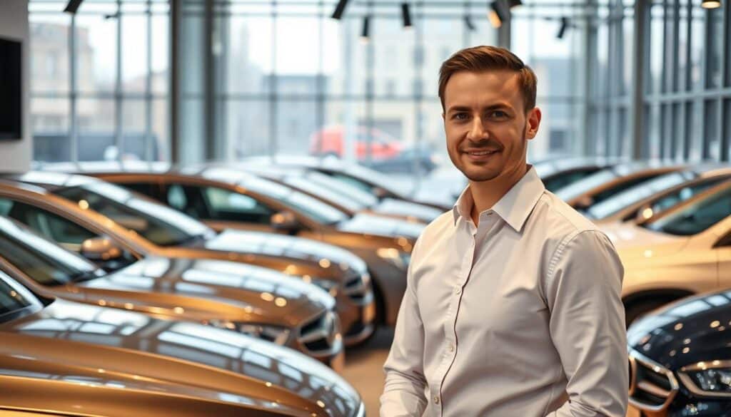 A sleek, modern car showroom with rows of gleaming automobiles on display. The lighting is soft and warm, casting a mellow glow over the polished metal and glossy paint jobs. In the foreground, a sales representative stands ready to assist, their demeanor professional yet approachable. The background is filled with bright, airy windows overlooking the streets of Riga, hinting at the possibility of open-road adventures. The overall atmosphere conveys the sense of financial empowerment and the freedom that comes with auto financing in Latvia. A sleek, modern car showroom with rows of gleaming automobiles on display. The lighting is soft and warm, casting a mellow glow over the polished metal and glossy paint jobs. In the foreground, a sales representative stands ready to assist, their demeanor professional yet approachable. The background is filled with bright, airy windows overlooking the streets of Riga, hinting at the possibility of open-road adventures. The overall atmosphere conveys the sense of financial empowerment and the freedom that comes with auto financing in Latvia.