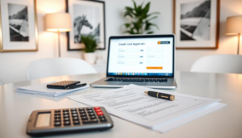 A sleek, modern credit card application form sits on a clean, minimalist desk, illuminated by soft, warm lighting. The foreground features a pen, a calculator, and a stack of relevant documents, hinting at the thoughtful preparation required. In the middle ground, a laptop displays a credit card application website, with fields for personal information and financial details. The background showcases a serene office setting, with framed artwork on the walls and a potted plant, creating a professional yet inviting atmosphere. The overall scene conveys a sense of organization, attention to detail, and the care needed when applying for a no-annual-fee credit card. A sleek, modern credit card application form sits on a clean, minimalist desk, illuminated by soft, warm lighting. The foreground features a pen, a calculator, and a stack of relevant documents, hinting at the thoughtful preparation required. In the middle ground, a laptop displays a credit card application website, with fields for personal information and financial details. The background showcases a serene office setting, with framed artwork on the walls and a potted plant, creating a professional yet inviting atmosphere. The overall scene conveys a sense of organization, attention to detail, and the care needed when applying for a no-annual-fee credit card.