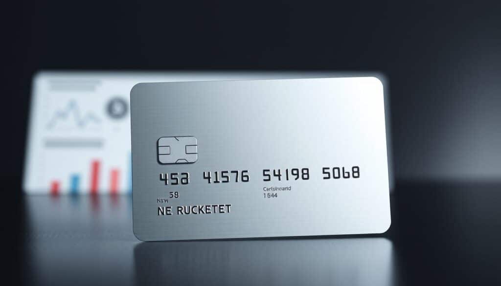 A sleek, modern credit card design with a minimalist layout and clean lines. The card is positioned in the foreground, with a soft focus on the details like the embossed logo, chip, and magnetic strip. The middle ground features a blurred backdrop of financial charts and graphs, hinting at the card's purpose in personal finance management. The background is a subtle gradient, creating a sense of depth and emphasizing the card's centrality. The lighting is soft and directional, adding depth and dimension to the composition. The overall mood is one of sophistication, efficiency, and personal financial control.