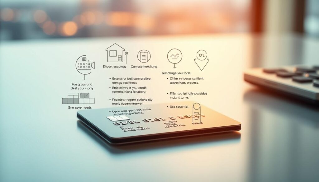 A sleek, modern credit card lying on a minimalist desk, illuminated by soft, warm lighting. In the foreground, a stylized illustration of financial tips and advice gently overlays the card, creating a balanced, informative composition. The background features a subtle, blurred cityscape, hinting at the broader financial landscape. The overall mood is one of practical guidance and sophisticated financial management, reflecting the article's focus on effective credit card usage.