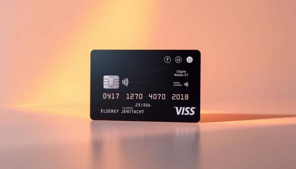 A sleek, modern credit card with a crisp display showcasing its digital functionalities. The card is set against a minimalist background, illuminated by warm, directional lighting that highlights the smooth, metallic surfaces and clean design lines. The card's screen displays a secure login interface, digital wallet icons, and transaction history, conveying the seamless integration of technology with financial services. The overall atmosphere exudes a sense of advanced, trustworthy financial management, reflecting the article's focus on selecting the perfect credit card with robust digital features and enhanced security. A sleek, modern credit card with a crisp display showcasing its digital functionalities. The card is set against a minimalist background, illuminated by warm, directional lighting that highlights the smooth, metallic surfaces and clean design lines. The card's screen displays a secure login interface, digital wallet icons, and transaction history, conveying the seamless integration of technology with financial services. The overall atmosphere exudes a sense of advanced, trustworthy financial management, reflecting the article's focus on selecting the perfect credit card with robust digital features and enhanced security.